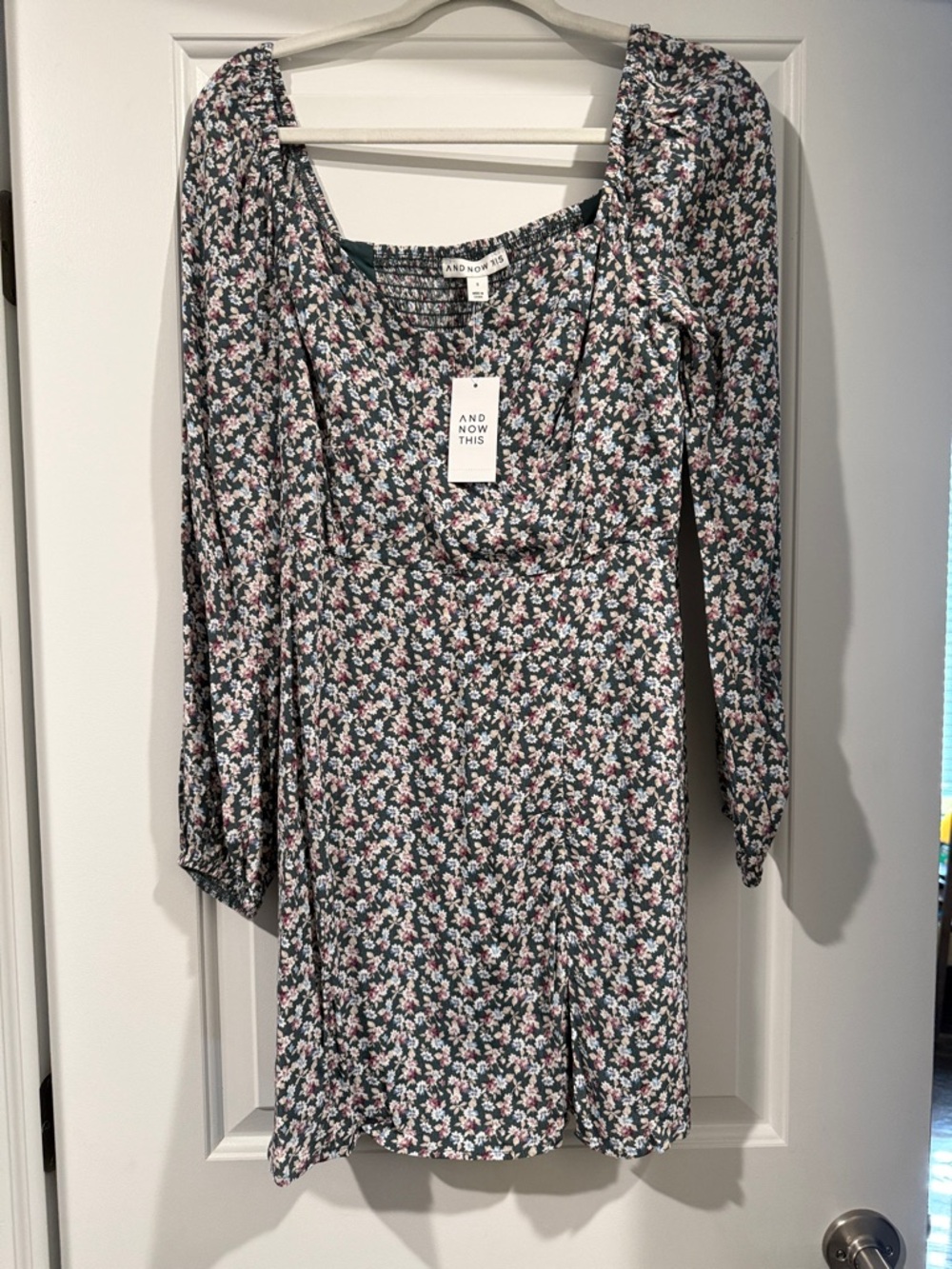And Now This Green Floral Long-Sleeve Square-Neck Dress